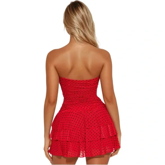 Berenson Red Polka Dot Mesh Mini Dress w/built in shorts– Fashion Nova (Size L) - Picture 15 of 16